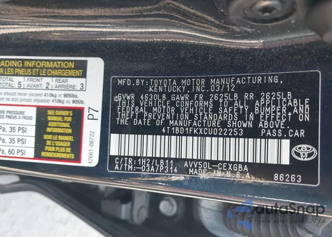 2012 Toyota Camry Hybrid Xle из США, поврежденный, VIN 4T1BD1FKXCU022253